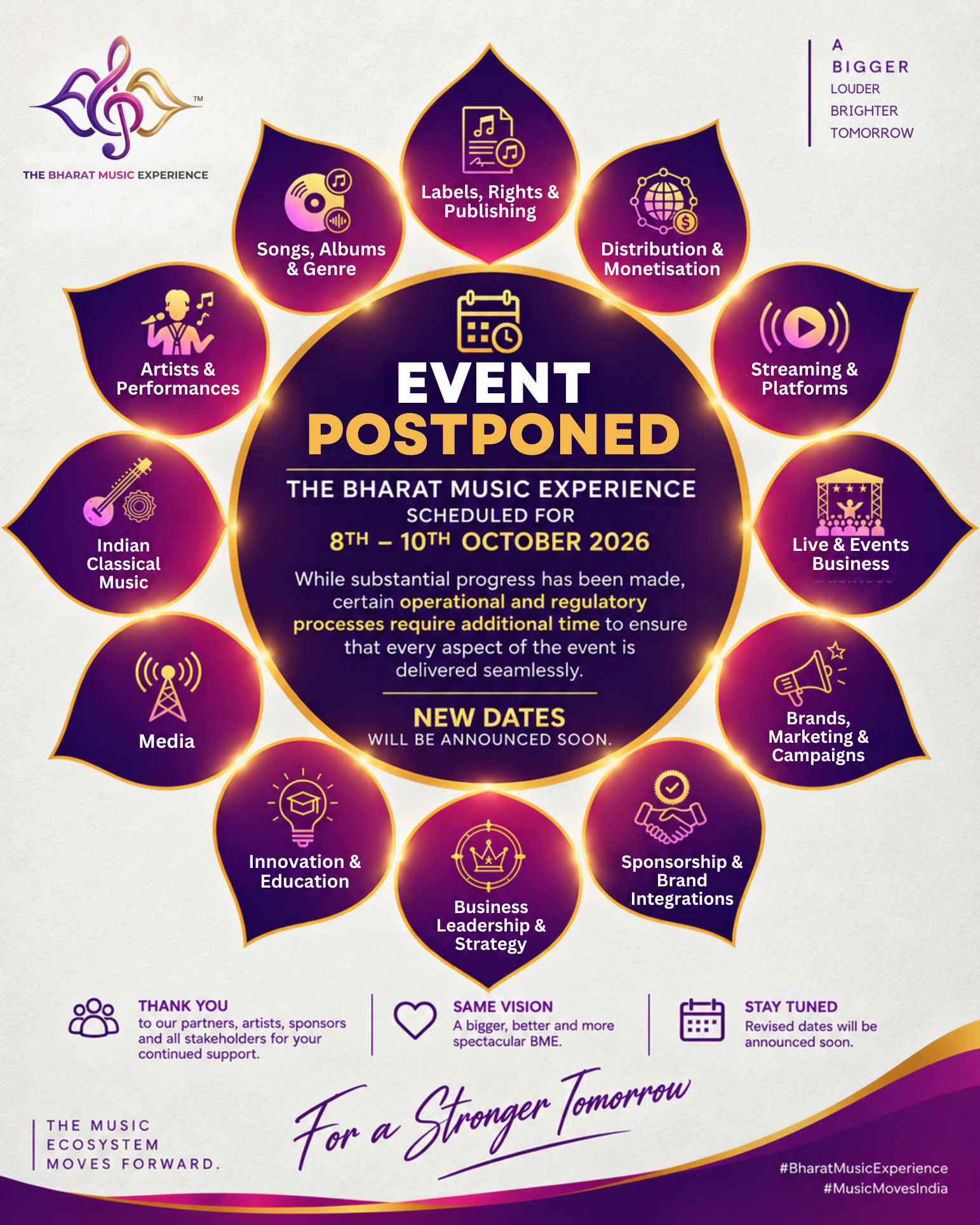 Event Postponed - The Bharat Music Experience scheduled for 8th - 10th October has been postponed. While substantial progress has been made, certain operational and regulatory processes require additional time to ensure that every aspect of the event is delivered seamlessly. New dates will be announced soon. A bigger, louder, brighter tomorrow. For a stronger tomorrow.
