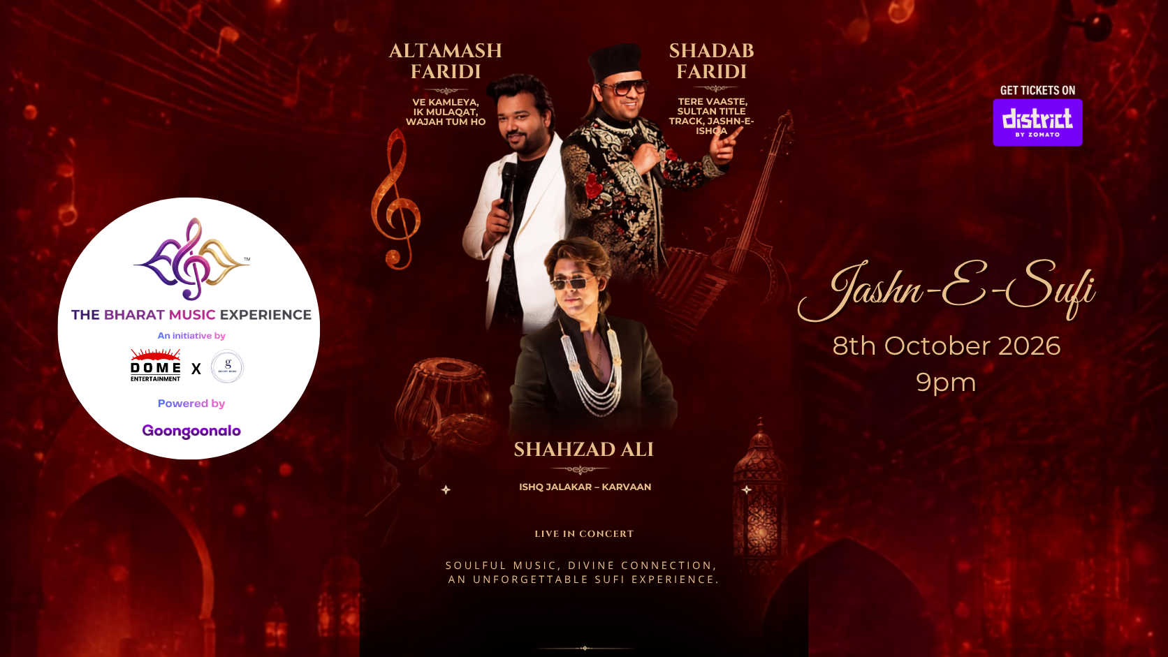 Jashn-e-Sufi - 8th October 2026, 9pm - Live in Concert featuring Altamash Faridi, Shadab Faridi, and Shahzad Ali. Soulful Music, Divine Connection, An Unforgettable Sufi Experience. Get Tickets on Distrikt by Zomato